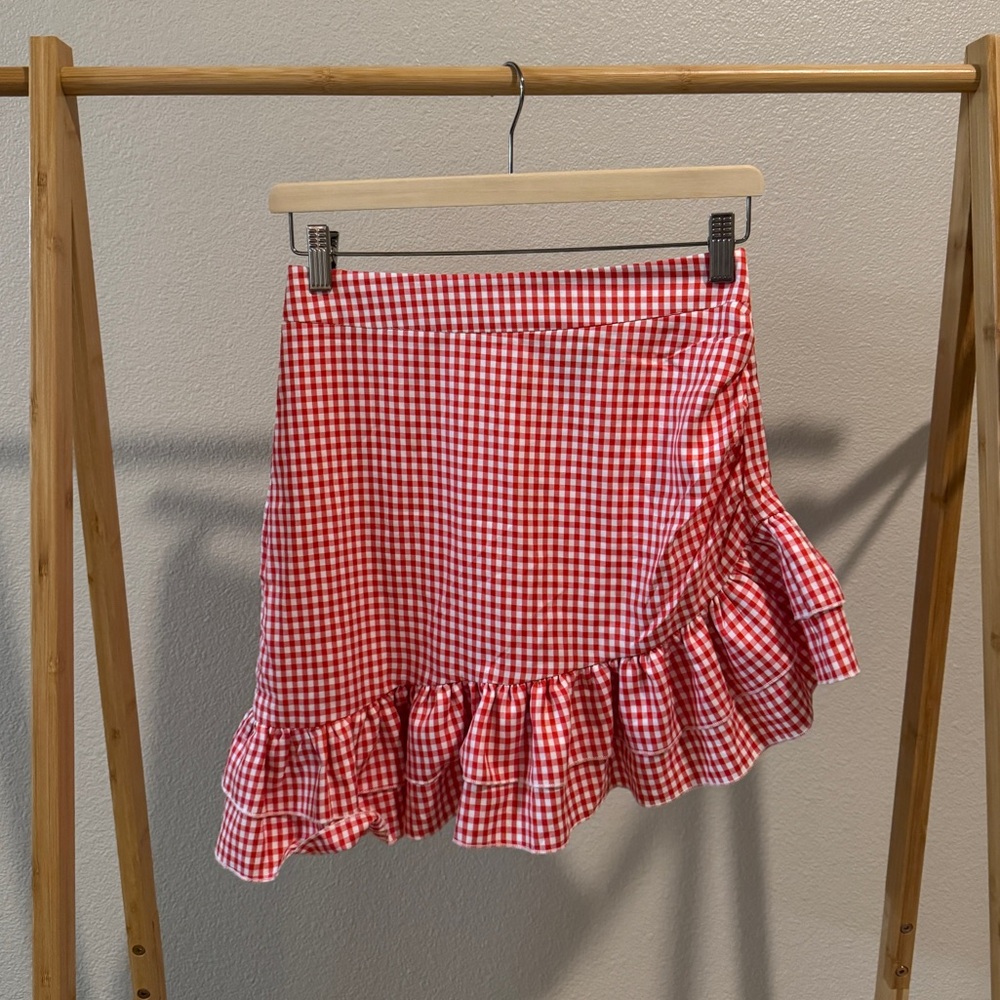 Cider Red Checkered Mini Skirt with Ruffles